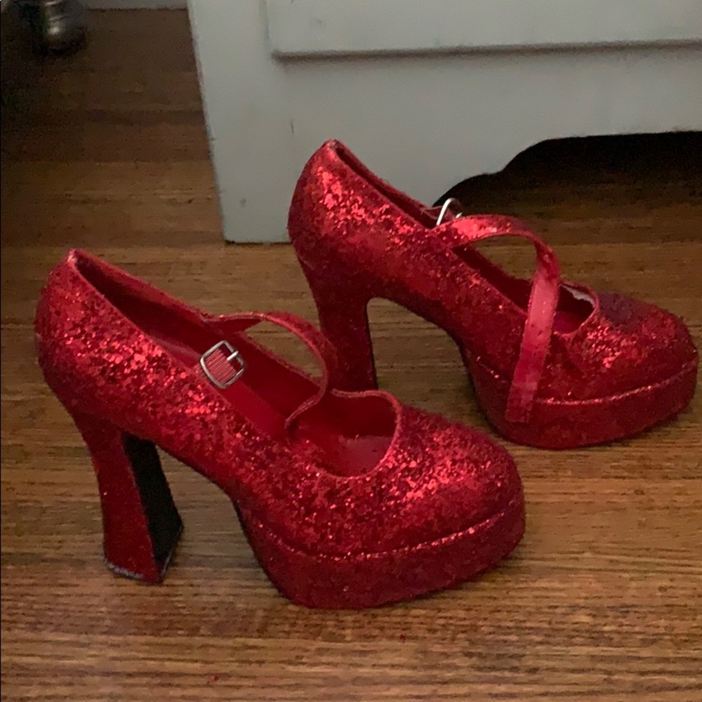 Red glitter platform heels